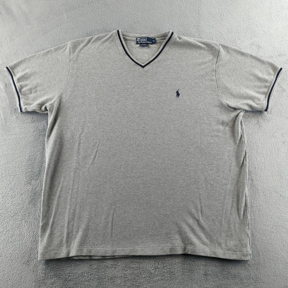 Vintage Y2K Polo Ralph Lauren T-Shirt Mens XL Gray Navy V-Neck Tipped Ringer